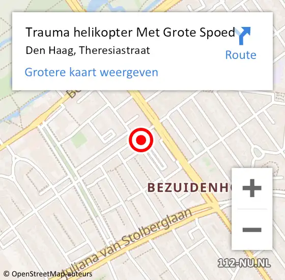 Locatie op kaart van de 112 melding: Trauma helikopter Met Grote Spoed Naar Den Haag, Theresiastraat op 28 mei 2022 17:27