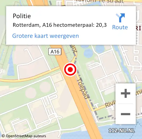 Locatie op kaart van de 112 melding: Politie Rotterdam, A16 hectometerpaal: 20,3 op 28 mei 2022 18:21