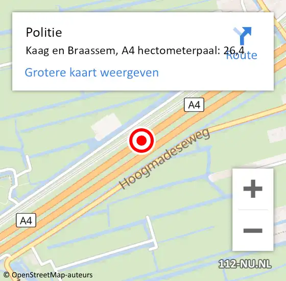 Locatie op kaart van de 112 melding: Politie Kaag en Braassem, A4 hectometerpaal: 26,4 op 28 mei 2022 18:22