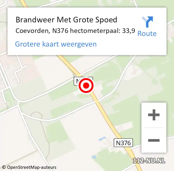 Locatie op kaart van de 112 melding: Brandweer Met Grote Spoed Naar Coevorden, N376 hectometerpaal: 33,9 op 28 mei 2022 18:51
