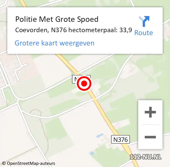 Locatie op kaart van de 112 melding: Politie Met Grote Spoed Naar Coevorden, N376 hectometerpaal: 33,9 op 28 mei 2022 18:53