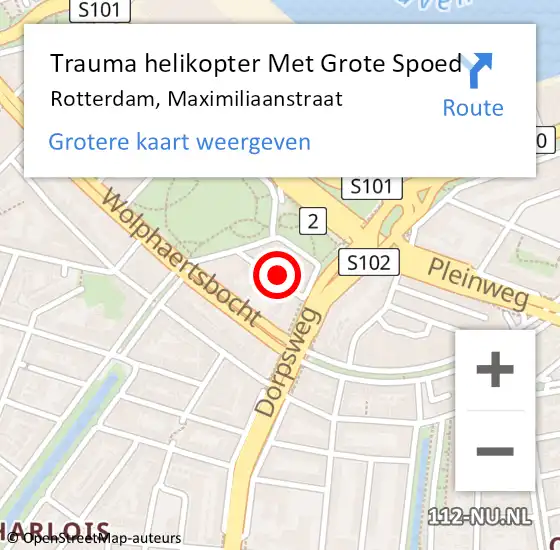 Locatie op kaart van de 112 melding: Trauma helikopter Met Grote Spoed Naar Rotterdam, Maximiliaanstraat op 28 mei 2022 22:02