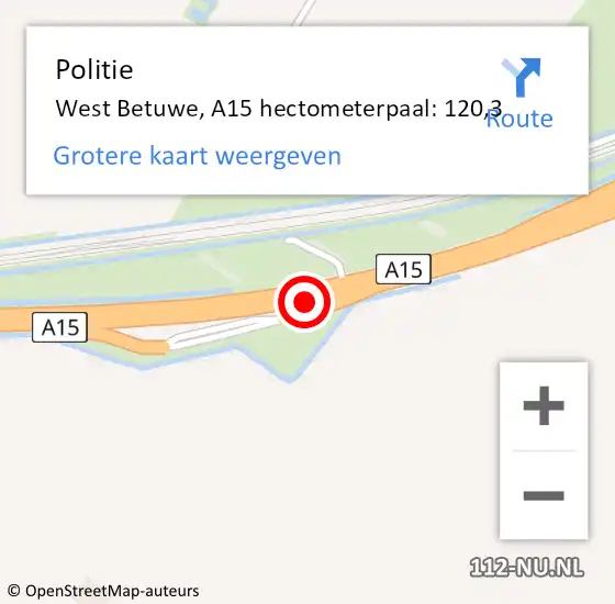 Locatie op kaart van de 112 melding: Politie West Betuwe, A15 hectometerpaal: 120,3 op 28 mei 2022 22:12