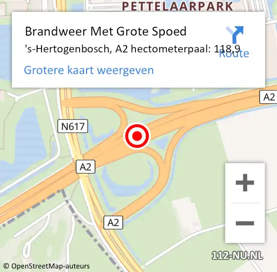 Locatie op kaart van de 112 melding: Brandweer Met Grote Spoed Naar 's-Hertogenbosch, A2 hectometerpaal: 118,9 op 28 mei 2022 22:25