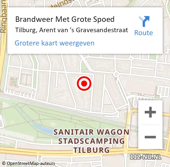 Locatie op kaart van de 112 melding: Brandweer Met Grote Spoed Naar Tilburg, Arent van 's Gravesandestraat op 28 mei 2022 23:14