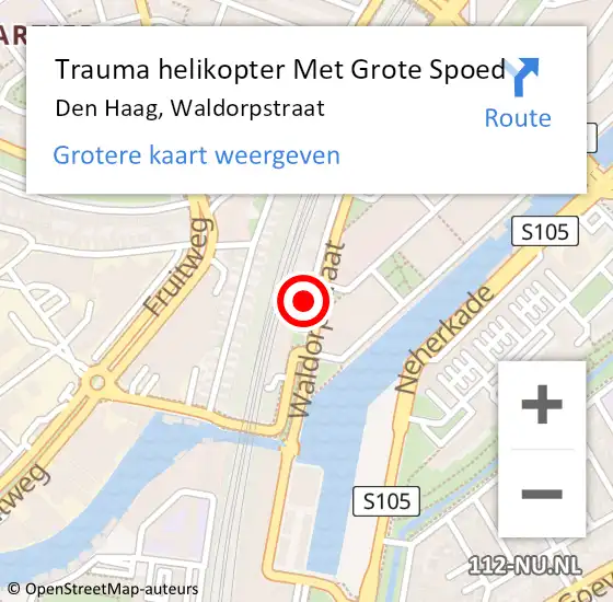 Locatie op kaart van de 112 melding: Trauma helikopter Met Grote Spoed Naar Den Haag, Waldorpstraat op 29 mei 2022 00:20