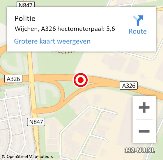 Locatie op kaart van de 112 melding: Politie Wijchen, A326 hectometerpaal: 5,6 op 29 mei 2022 01:21