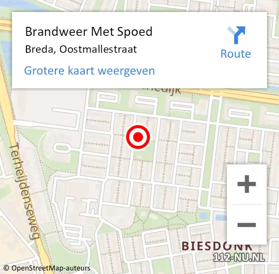 Locatie op kaart van de 112 melding: Brandweer Met Spoed Naar Breda, Oostmallestraat op 29 mei 2022 01:54