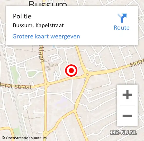 Locatie op kaart van de 112 melding: Politie Bussum, Kapelstraat op 29 mei 2022 04:26