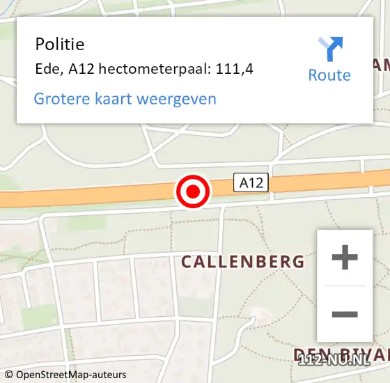 Locatie op kaart van de 112 melding: Politie Ede, A12 hectometerpaal: 111,4 op 29 mei 2022 05:39