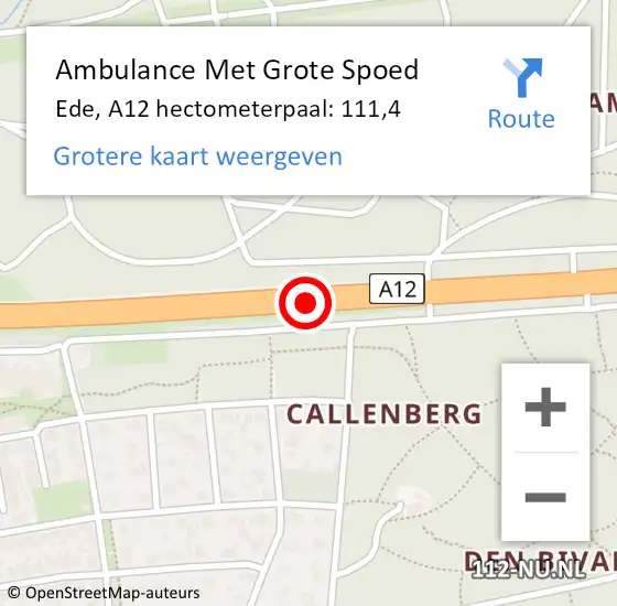 Locatie op kaart van de 112 melding: Ambulance Met Grote Spoed Naar Ede, A12 hectometerpaal: 111,4 op 29 mei 2022 05:44