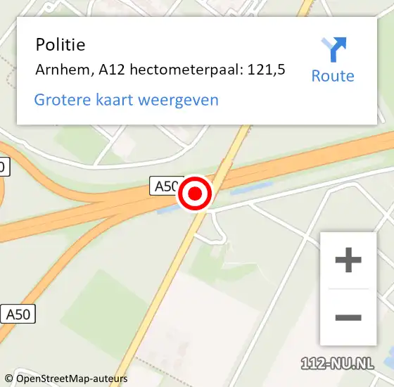 Locatie op kaart van de 112 melding: Politie Arnhem, A12 hectometerpaal: 121,5 op 29 mei 2022 05:58