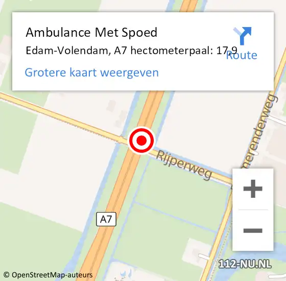 Locatie op kaart van de 112 melding: Ambulance Met Spoed Naar Edam-Volendam, A7 hectometerpaal: 17,9 op 29 mei 2022 06:01