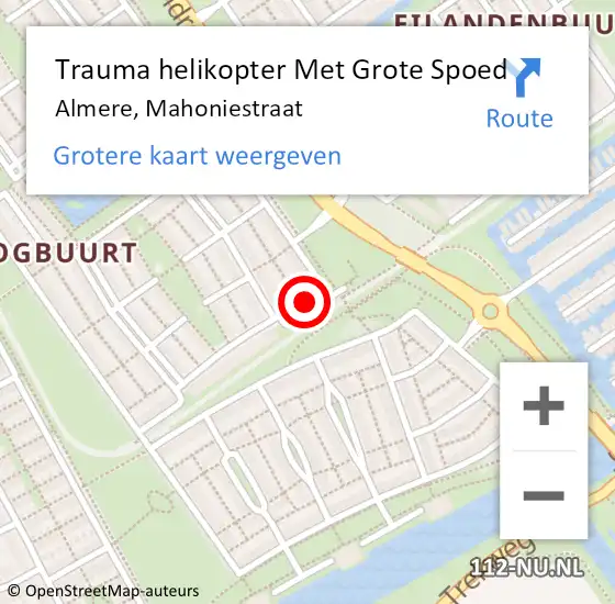 Locatie op kaart van de 112 melding: Trauma helikopter Met Grote Spoed Naar Almere, Mahoniestraat op 29 mei 2022 06:47