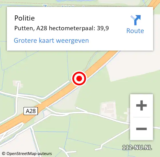 Locatie op kaart van de 112 melding: Politie Putten, A28 hectometerpaal: 39,9 op 29 mei 2022 12:20