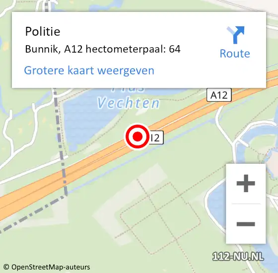 Locatie op kaart van de 112 melding: Politie Bunnik, A12 hectometerpaal: 64 op 29 mei 2022 12:36
