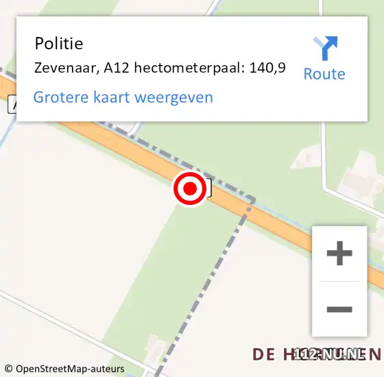 Locatie op kaart van de 112 melding: Politie Zevenaar, A12 hectometerpaal: 140,9 op 29 mei 2022 12:41