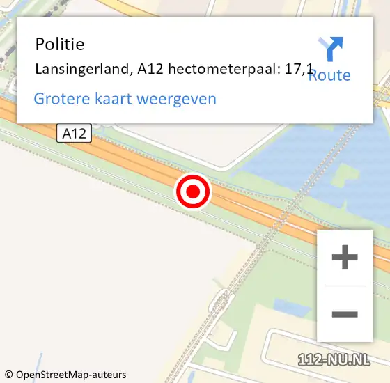 Locatie op kaart van de 112 melding: Politie Lansingerland, A12 hectometerpaal: 17,1 op 29 mei 2022 13:36