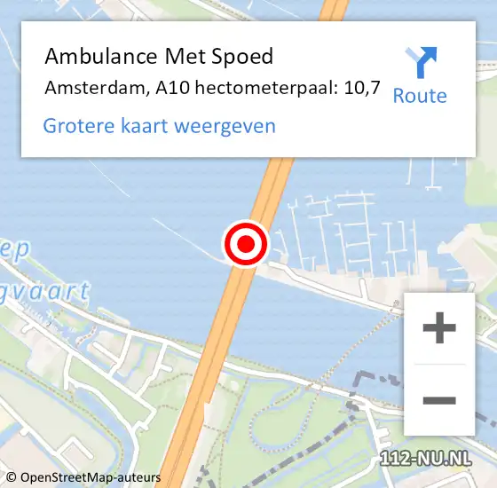 Locatie op kaart van de 112 melding: Ambulance Met Spoed Naar Amsterdam, A10 hectometerpaal: 10,7 op 29 mei 2022 13:37