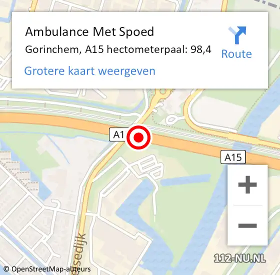 Locatie op kaart van de 112 melding: Ambulance Met Spoed Naar Gorinchem, A15 hectometerpaal: 98,4 op 29 mei 2022 14:55