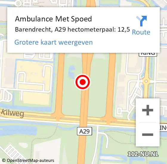 Locatie op kaart van de 112 melding: Ambulance Met Spoed Naar Barendrecht, A29 hectometerpaal: 12,5 op 29 mei 2022 15:51