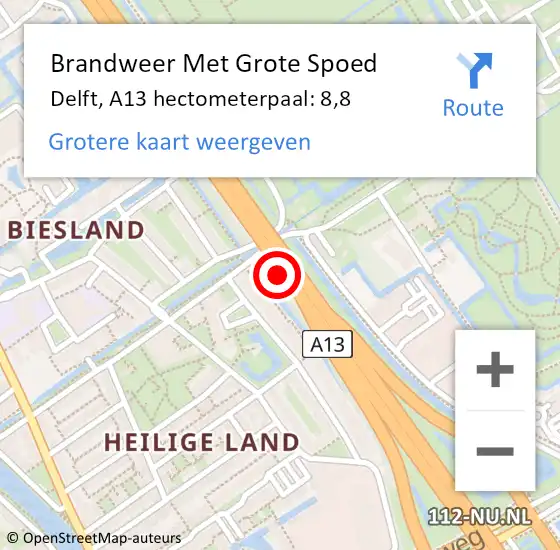 Locatie op kaart van de 112 melding: Brandweer Met Grote Spoed Naar Delft, A13 hectometerpaal: 8,8 op 29 mei 2022 18:27
