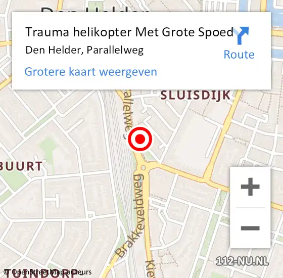 Locatie op kaart van de 112 melding: Trauma helikopter Met Grote Spoed Naar Den Helder, Parallelweg op 29 mei 2022 18:31