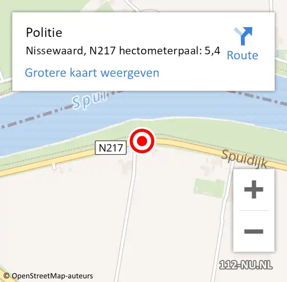 Locatie op kaart van de 112 melding: Politie Nissewaard, N217 hectometerpaal: 5,4 op 29 mei 2022 18:56
