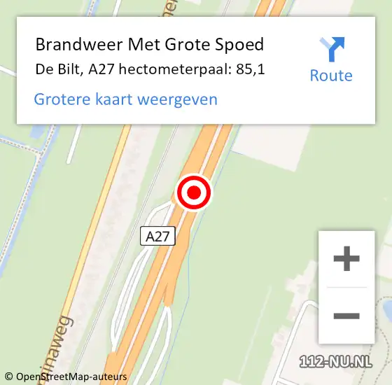 Locatie op kaart van de 112 melding: Brandweer Met Grote Spoed Naar De Bilt, A27 hectometerpaal: 85,1 op 29 mei 2022 19:44