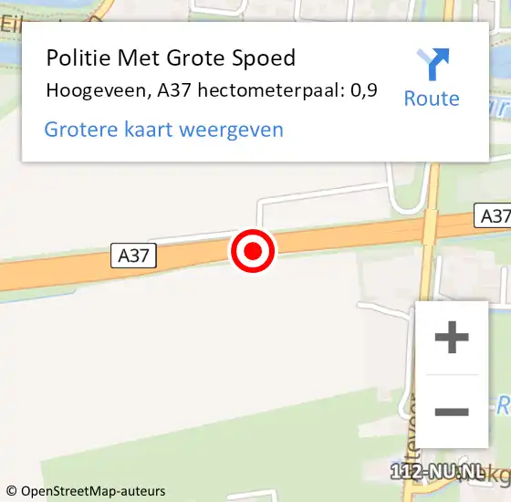 Locatie op kaart van de 112 melding: Politie Met Grote Spoed Naar Hoogeveen, A37 hectometerpaal: 0,9 op 29 mei 2022 22:38