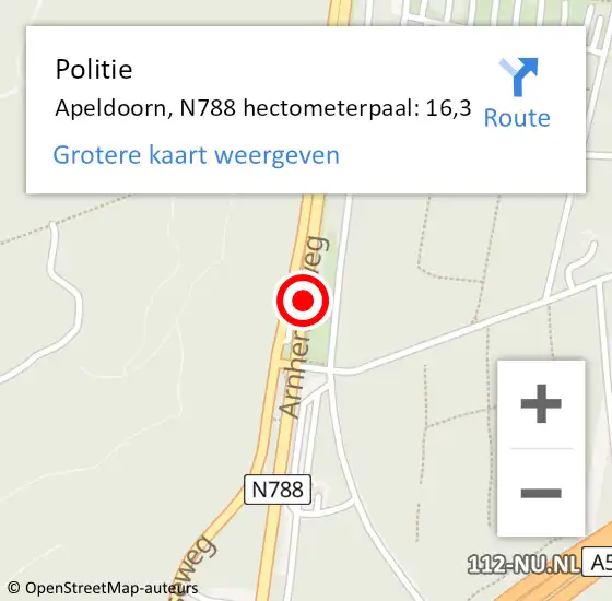 Locatie op kaart van de 112 melding: Politie Apeldoorn, N788 hectometerpaal: 16,3 op 29 mei 2022 22:52