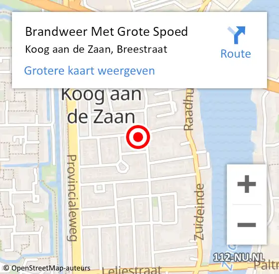 Locatie op kaart van de 112 melding: Brandweer Met Grote Spoed Naar Koog aan de Zaan, Breestraat op 30 mei 2022 03:08