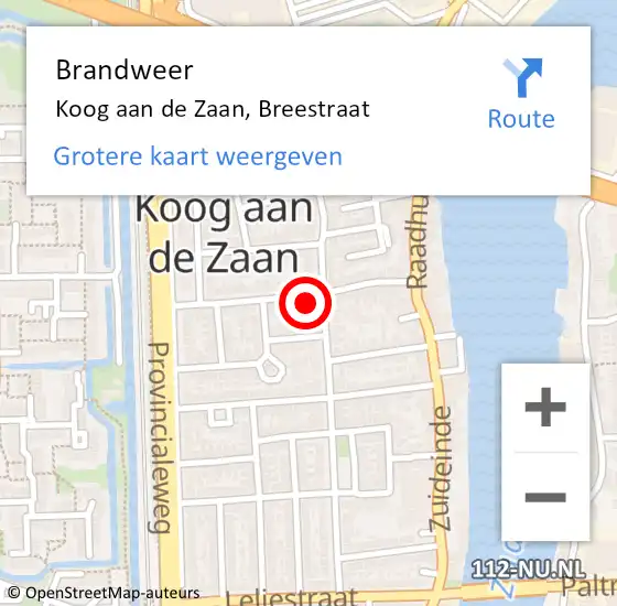 Locatie op kaart van de 112 melding: Brandweer Koog aan de Zaan, Breestraat op 30 mei 2022 03:15