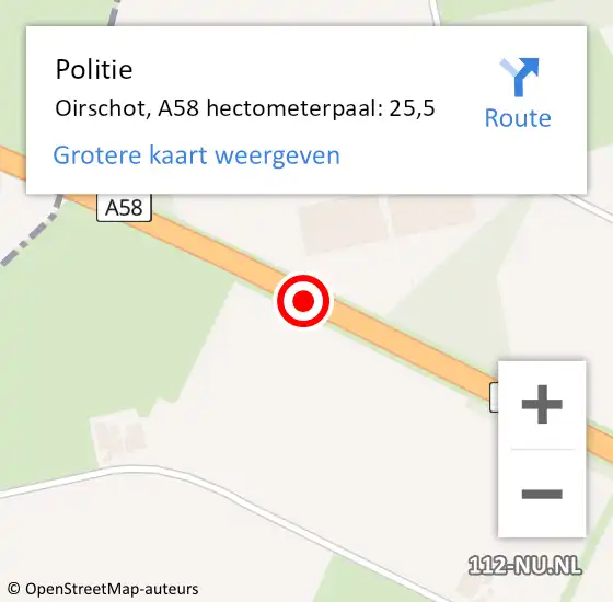 Locatie op kaart van de 112 melding: Politie Oirschot, A58 hectometerpaal: 25,5 op 30 mei 2022 07:47