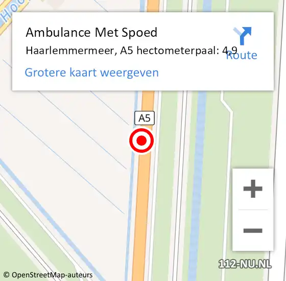 Locatie op kaart van de 112 melding: Ambulance Met Spoed Naar Haarlemmermeer, A5 hectometerpaal: 4,9 op 30 mei 2022 08:05