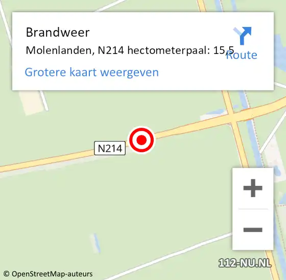 Locatie op kaart van de 112 melding: Brandweer Molenlanden, N214 hectometerpaal: 15,5 op 30 mei 2022 08:13