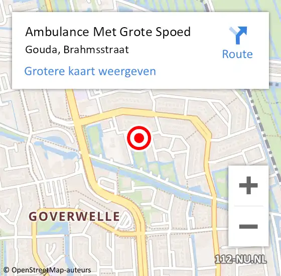 Locatie op kaart van de 112 melding: Ambulance Met Grote Spoed Naar Gouda, Brahmsstraat op 30 mei 2022 08:27