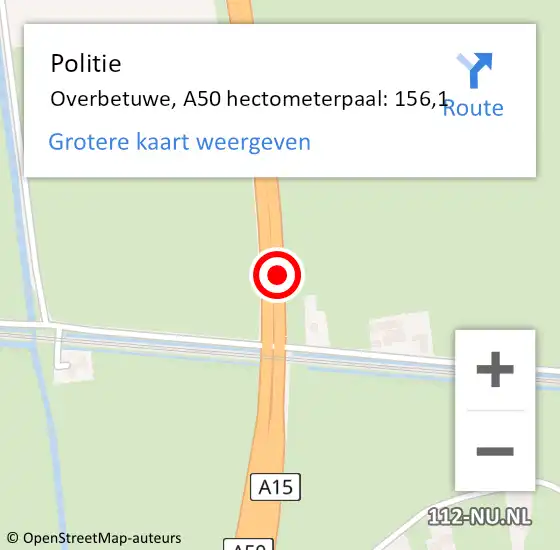 Locatie op kaart van de 112 melding: Politie Overbetuwe, A50 hectometerpaal: 156,1 op 30 mei 2022 08:42