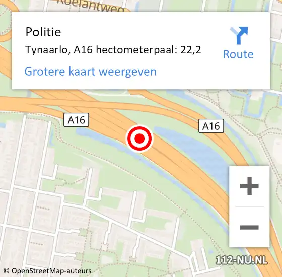 Locatie op kaart van de 112 melding: Politie Tynaarlo, A16 hectometerpaal: 22,2 op 30 mei 2022 11:07