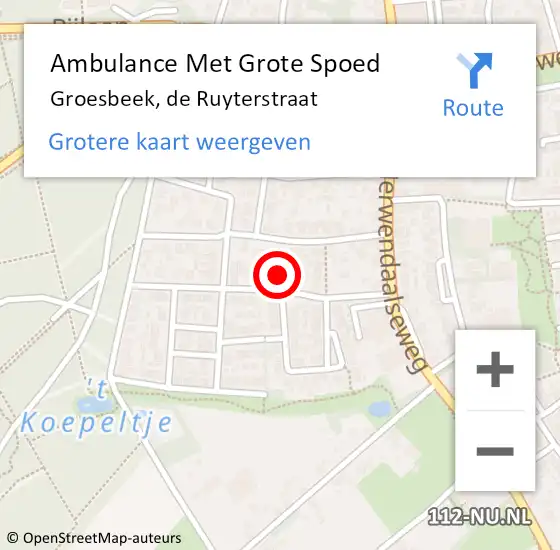 Locatie op kaart van de 112 melding: Ambulance Met Grote Spoed Naar Groesbeek, de Ruyterstraat op 30 mei 2022 11:36