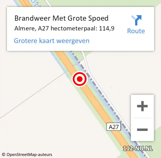 Locatie op kaart van de 112 melding: Brandweer Met Grote Spoed Naar Almere, A27 hectometerpaal: 114,9 op 30 mei 2022 11:36
