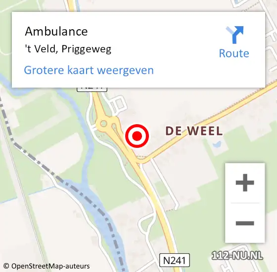 Locatie op kaart van de 112 melding: Ambulance 't Veld, Priggeweg op 30 mei 2022 11:53