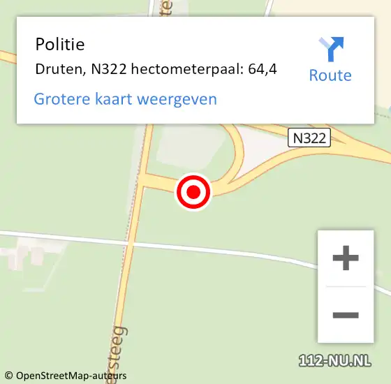 Locatie op kaart van de 112 melding: Politie Druten, N322 hectometerpaal: 64,4 op 30 mei 2022 12:51