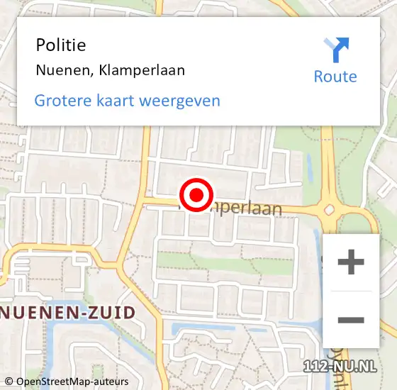 Locatie op kaart van de 112 melding: Politie Nuenen, Klamperlaan op 30 mei 2022 14:40