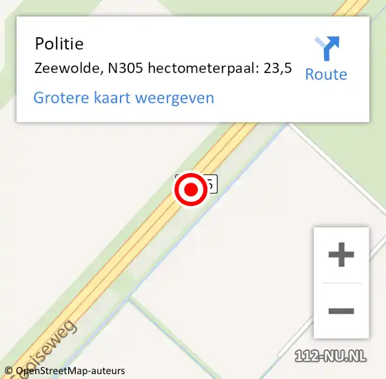 Locatie op kaart van de 112 melding: Politie Zeewolde, N305 hectometerpaal: 23,5 op 30 mei 2022 14:53