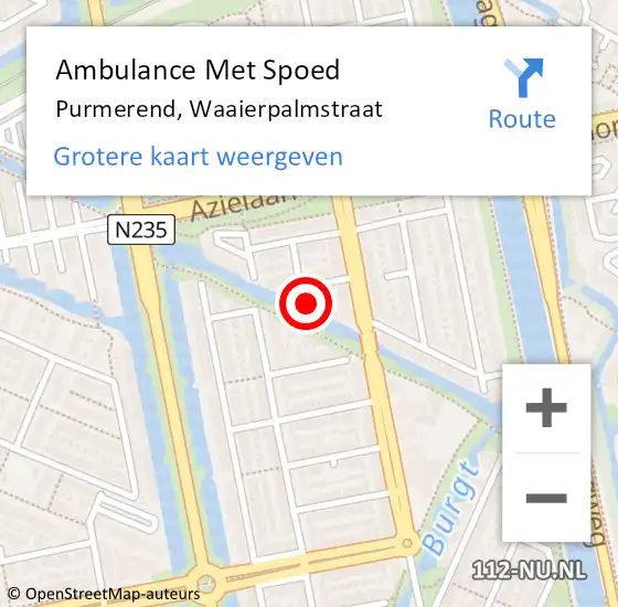 Locatie op kaart van de 112 melding: Ambulance Met Spoed Naar Purmerend, Waaierpalmstraat op 30 mei 2022 15:03