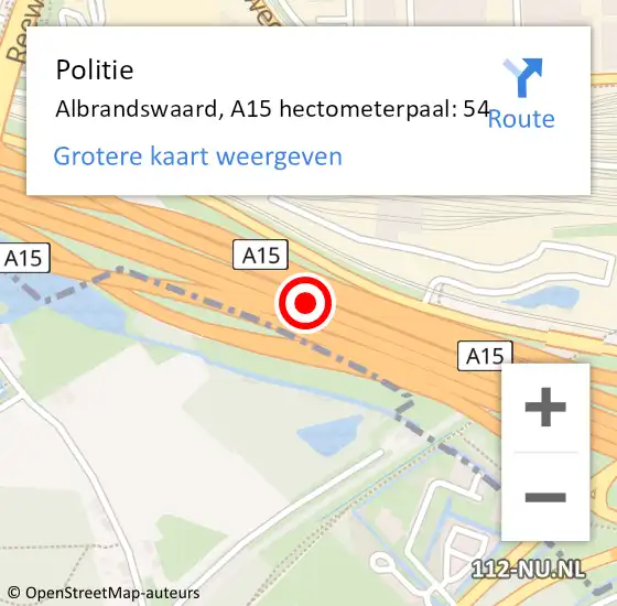 Locatie op kaart van de 112 melding: Politie Albrandswaard, A15 hectometerpaal: 54 op 30 mei 2022 15:45