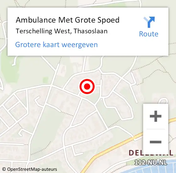 Locatie op kaart van de 112 melding: Ambulance Met Grote Spoed Naar Terschelling West, Thasoslaan op 18 juli 2014 18:36