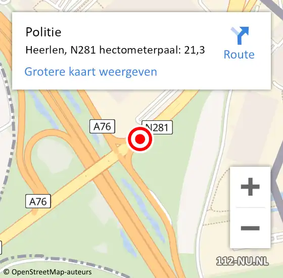 Locatie op kaart van de 112 melding: Politie Heerlen, N281 hectometerpaal: 21,3 op 30 mei 2022 16:10