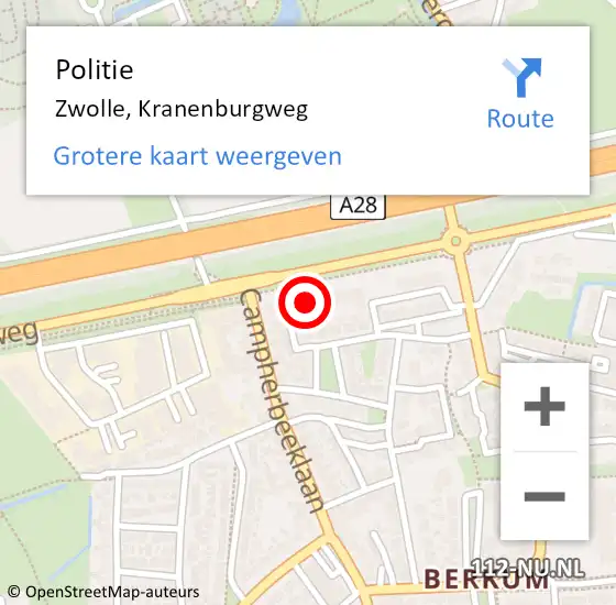 Locatie op kaart van de 112 melding: Politie Zwolle, Kranenburgweg op 30 mei 2022 16:54